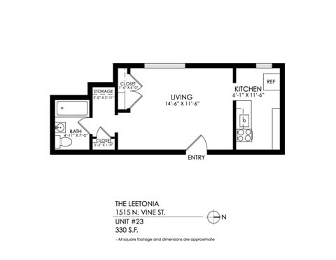 Floor plan for studio, 1 bath, 395 sqft